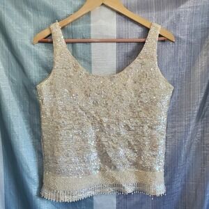 Vintage Alexanders Cream Wool Sequin Beaded Tank Top Shell Sz 38 Flapper Gatsby